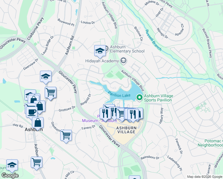 map of restaurants, bars, coffee shops, grocery stores, and more near 44049 Florence Terrace in Ashburn