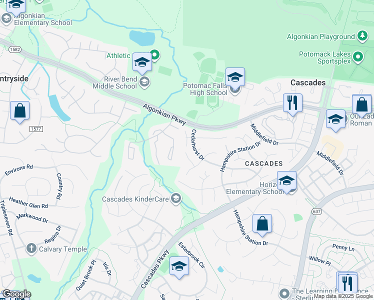 map of restaurants, bars, coffee shops, grocery stores, and more near 20500 Brandywine Court in Sterling
