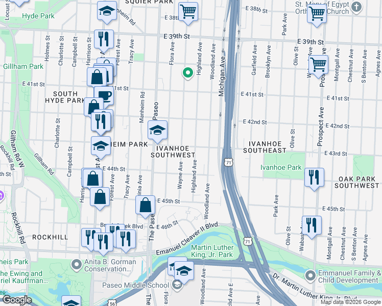 map of restaurants, bars, coffee shops, grocery stores, and more near 4316 Highland Avenue in Kansas City