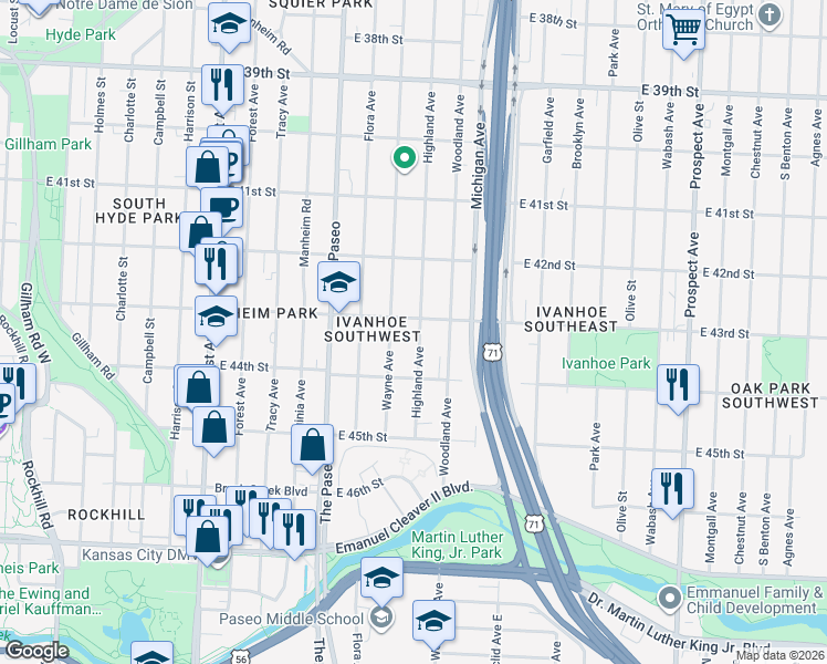 map of restaurants, bars, coffee shops, grocery stores, and more near 4316 Highland Avenue in Kansas City