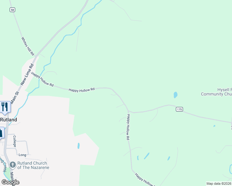 map of restaurants, bars, coffee shops, grocery stores, and more near 32938 Happy Hollow Road in Rutland