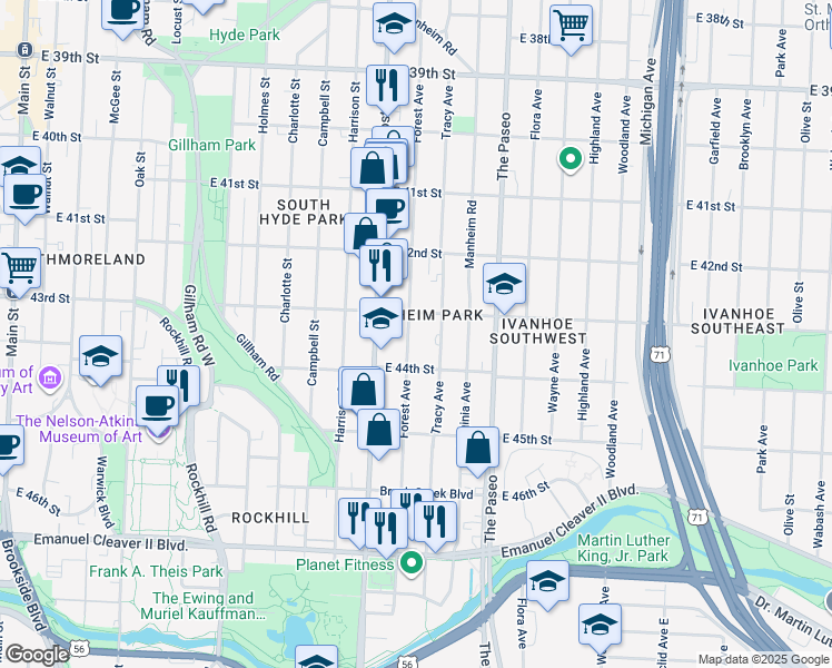 map of restaurants, bars, coffee shops, grocery stores, and more near 4315 Forest Avenue in Kansas City