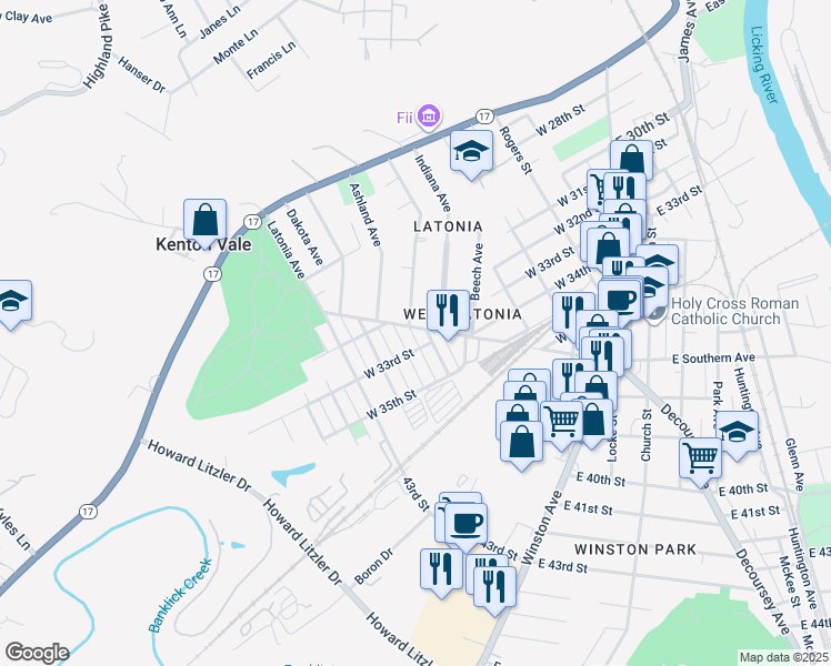 map of restaurants, bars, coffee shops, grocery stores, and more near 511 West Southern Avenue in Covington