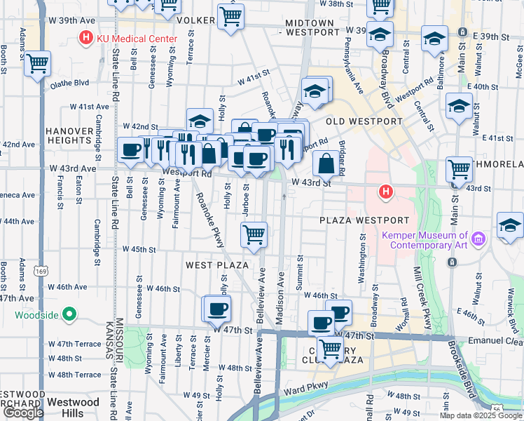 map of restaurants, bars, coffee shops, grocery stores, and more near 4342 Belleview Avenue in Kansas City