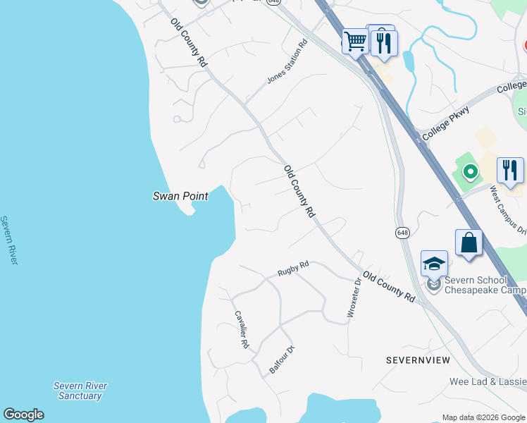 map of restaurants, bars, coffee shops, grocery stores, and more near 123 Arundel Avenue in Severna Park