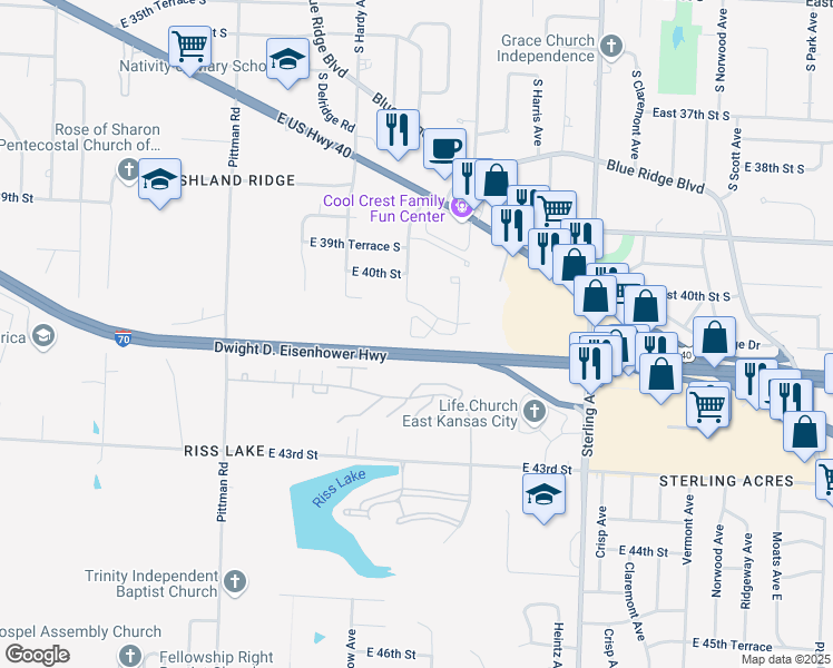map of restaurants, bars, coffee shops, grocery stores, and more near 10514 East 41st Terrace in Kansas City