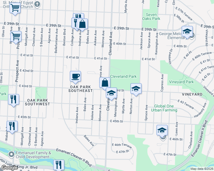 map of restaurants, bars, coffee shops, grocery stores, and more near 4242 Cleveland Avenue in Kansas City