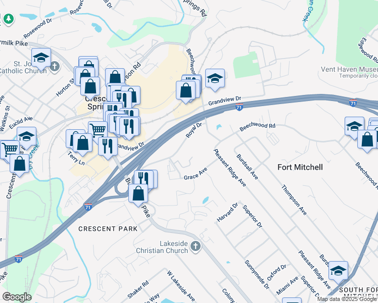 map of restaurants, bars, coffee shops, grocery stores, and more near 2351 Reserve Drive in Fort Mitchell