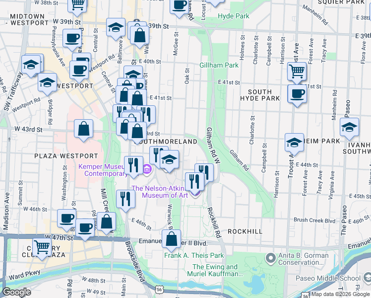 map of restaurants, bars, coffee shops, grocery stores, and more near 4333 Oak St in Kansas City