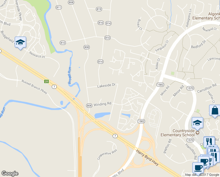 map of restaurants, bars, coffee shops, grocery stores, and more near 45473 Lakeside Drive in Sterling