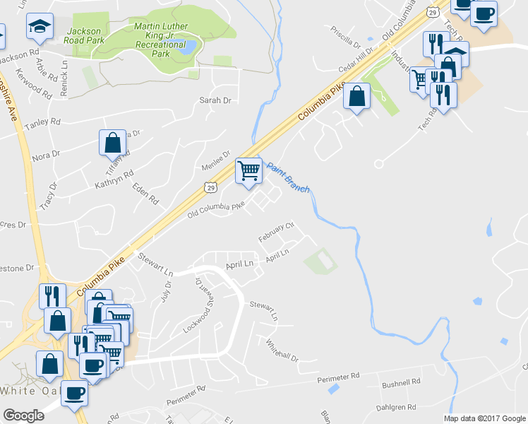 map of restaurants, bars, coffee shops, grocery stores, and more near 1655 Carriage House Terrace in Silver Spring