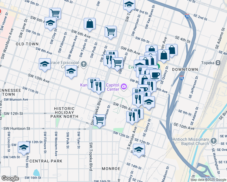 map of restaurants, bars, coffee shops, grocery stores, and more near in Topeka