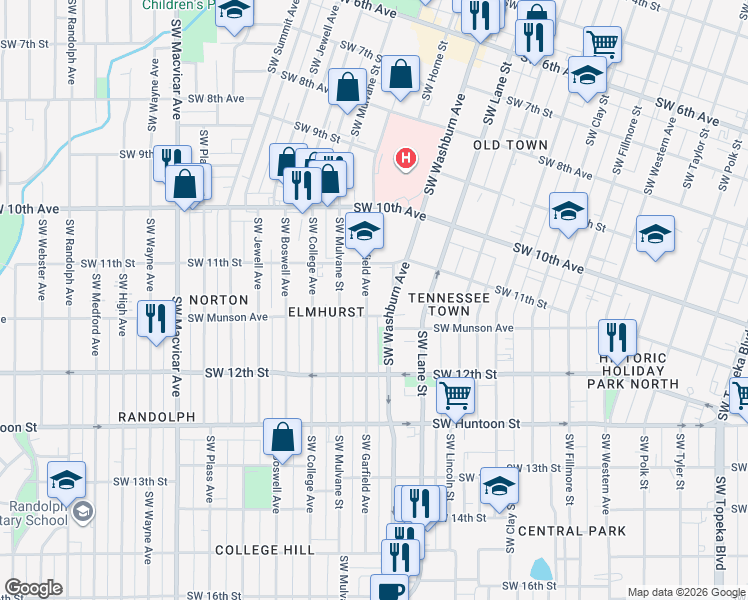 map of restaurants, bars, coffee shops, grocery stores, and more near 1141 Southwest Washburn Avenue in Topeka