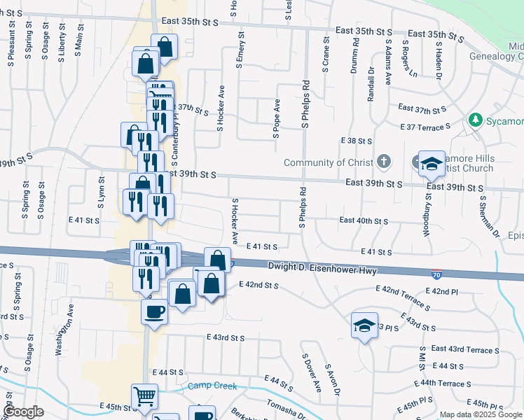 map of restaurants, bars, coffee shops, grocery stores, and more near 14505 East 40th Street South in Independence