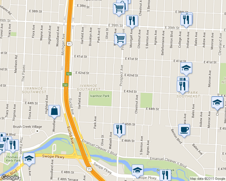 map of restaurants, bars, coffee shops, grocery stores, and more near 2504 E 43rd St in Kansas City