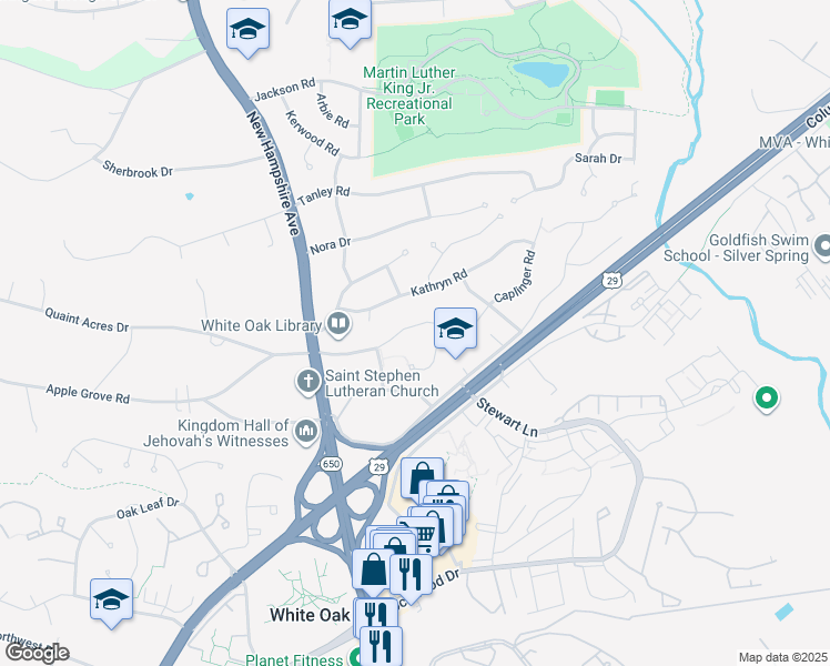 map of restaurants, bars, coffee shops, grocery stores, and more near 1013 Heartfields Drive in Silver Spring