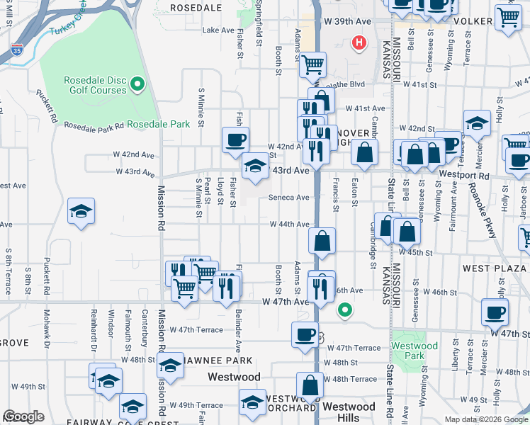 map of restaurants, bars, coffee shops, grocery stores, and more near 4422 Springfield Street in Kansas City