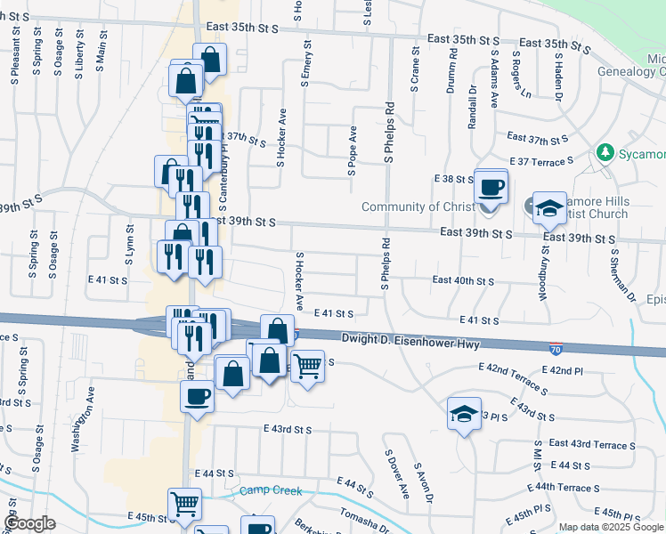 map of restaurants, bars, coffee shops, grocery stores, and more near 14505 East 40th Street South in Independence