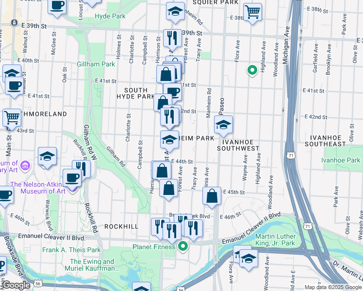 map of restaurants, bars, coffee shops, grocery stores, and more near 4325 Troost Avenue in Kansas City