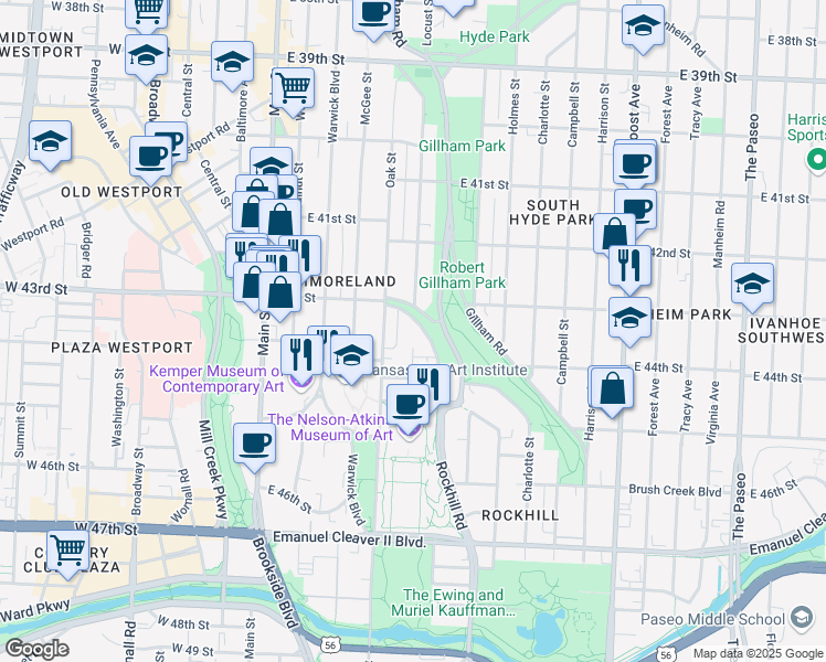 map of restaurants, bars, coffee shops, grocery stores, and more near 4334 Locust Street in Kansas City