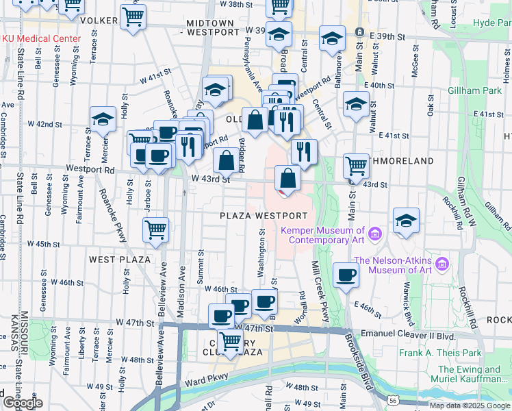 map of restaurants, bars, coffee shops, grocery stores, and more near 510 Northwest 44th Street in Kansas City