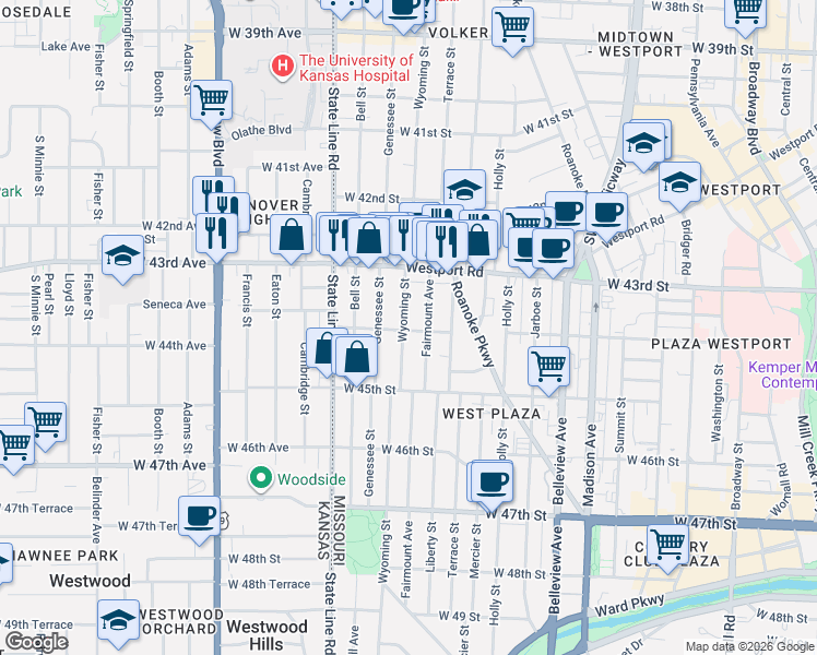 map of restaurants, bars, coffee shops, grocery stores, and more near 4404 Wyoming Street in Kansas City