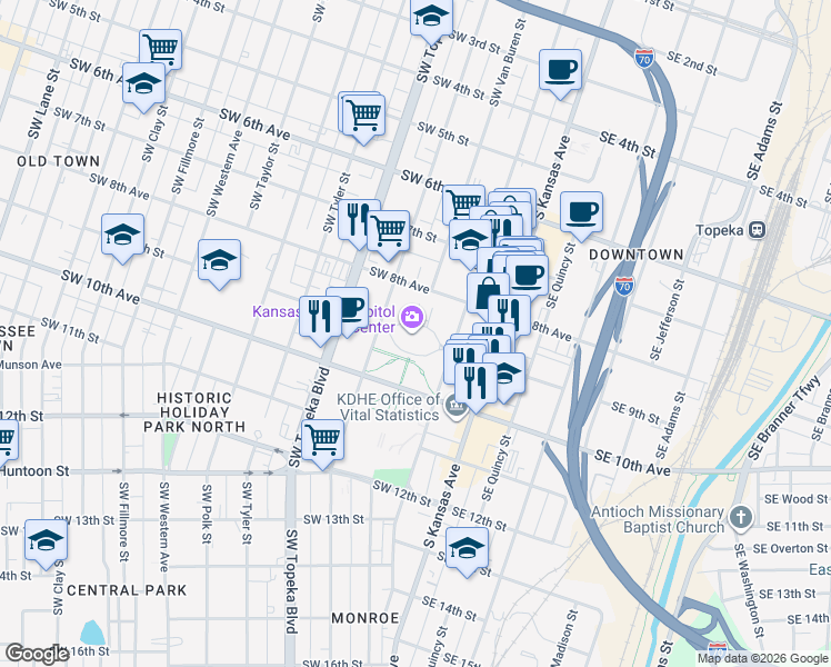 map of restaurants, bars, coffee shops, grocery stores, and more near in Topeka