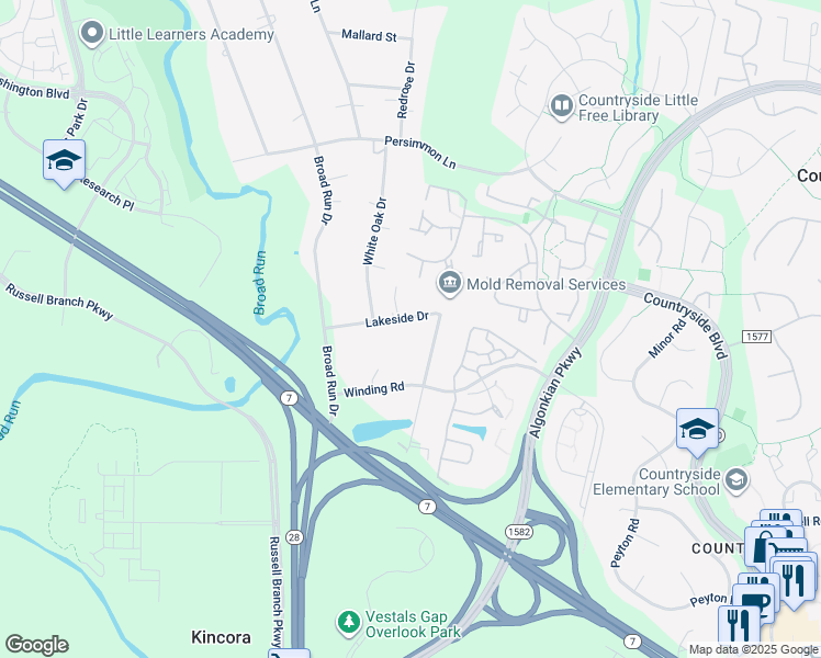 map of restaurants, bars, coffee shops, grocery stores, and more near 45473 Lakeside Drive in Sterling