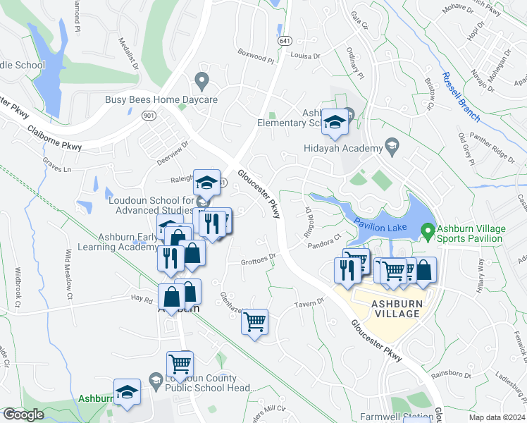 map of restaurants, bars, coffee shops, grocery stores, and more near 20525 Comfort Court in Ashburn