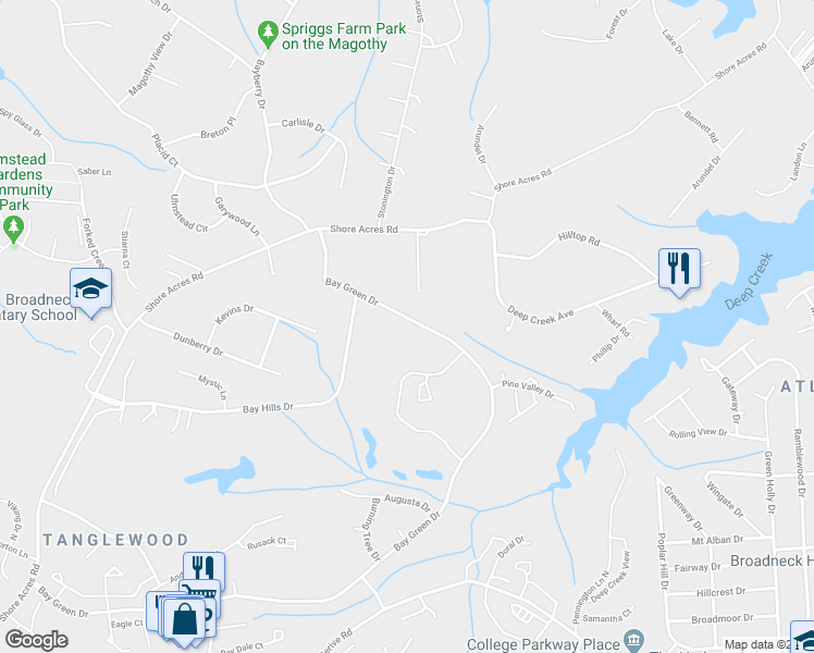 map of restaurants, bars, coffee shops, grocery stores, and more near 634 Bay Green Drive in Arnold