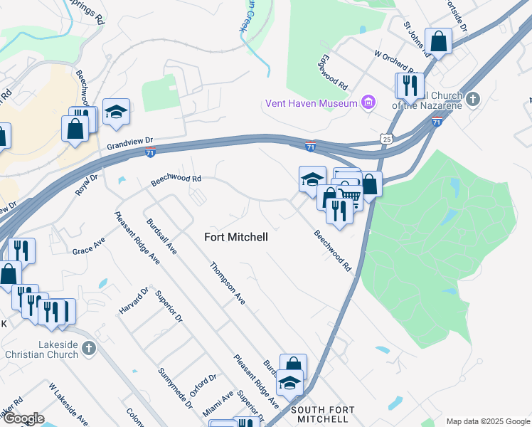 map of restaurants, bars, coffee shops, grocery stores, and more near 134 Deauville Court in Fort Mitchell
