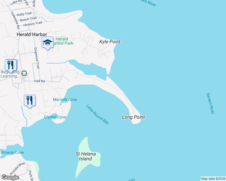 map of restaurants, bars, coffee shops, grocery stores, and more near 247 Long Point Road in Crownsville