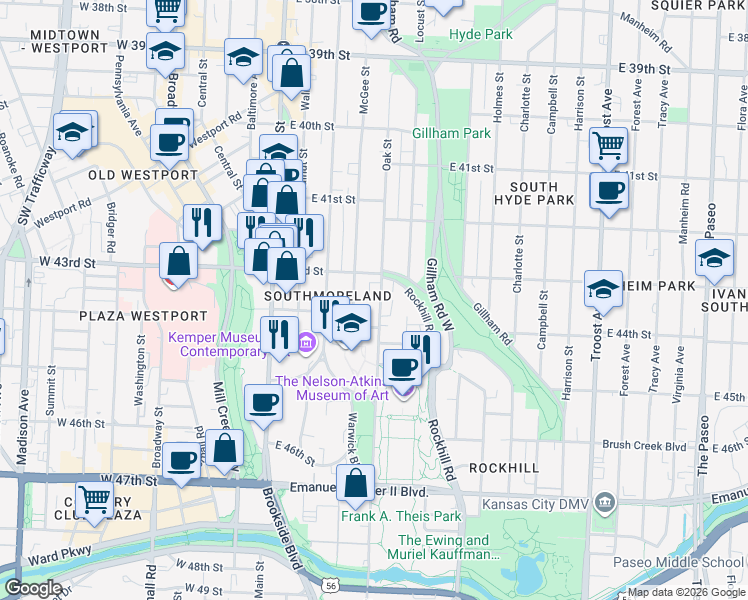 map of restaurants, bars, coffee shops, grocery stores, and more near 4314 Oak Street in Kansas City