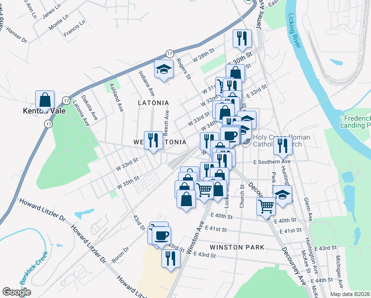 map of restaurants, bars, coffee shops, grocery stores, and more near 306 West 35th Street in Covington