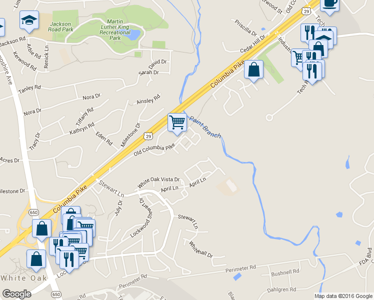 map of restaurants, bars, coffee shops, grocery stores, and more near 1655 Carriage House Terrace in Silver Spring