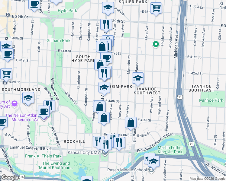 map of restaurants, bars, coffee shops, grocery stores, and more near 4311 Forest Avenue in Kansas City