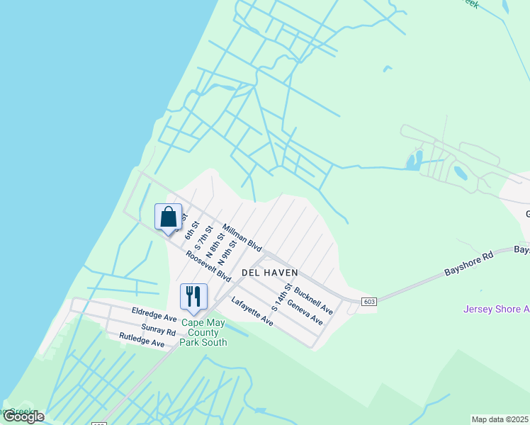 map of restaurants, bars, coffee shops, grocery stores, and more near 17 North 10th Street in Middle Township