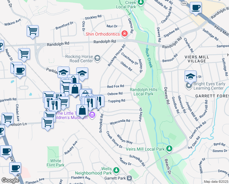map of restaurants, bars, coffee shops, grocery stores, and more near 4801 Oxbow Road in Rockville