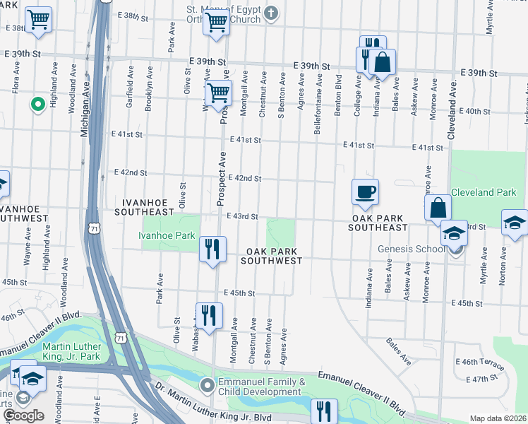map of restaurants, bars, coffee shops, grocery stores, and more near 4301 Chestnut Avenue in Kansas City