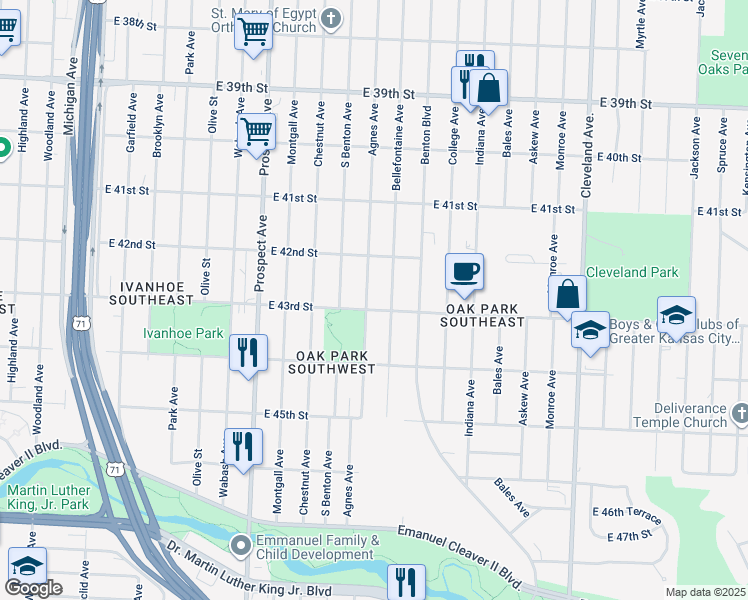 map of restaurants, bars, coffee shops, grocery stores, and more near 4243 Agnes Avenue in Kansas City