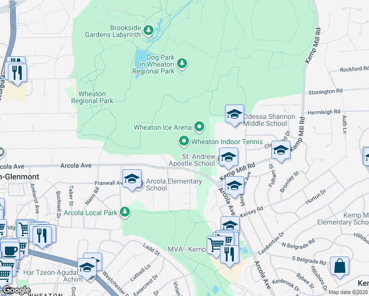map of restaurants, bars, coffee shops, grocery stores, and more near 11715 Orebaugh Avenue in Silver Spring