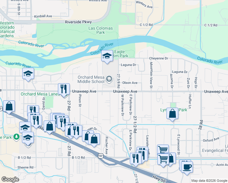 map of restaurants, bars, coffee shops, grocery stores, and more near 2735 1/2 Unaweep Avenue in Grand Junction