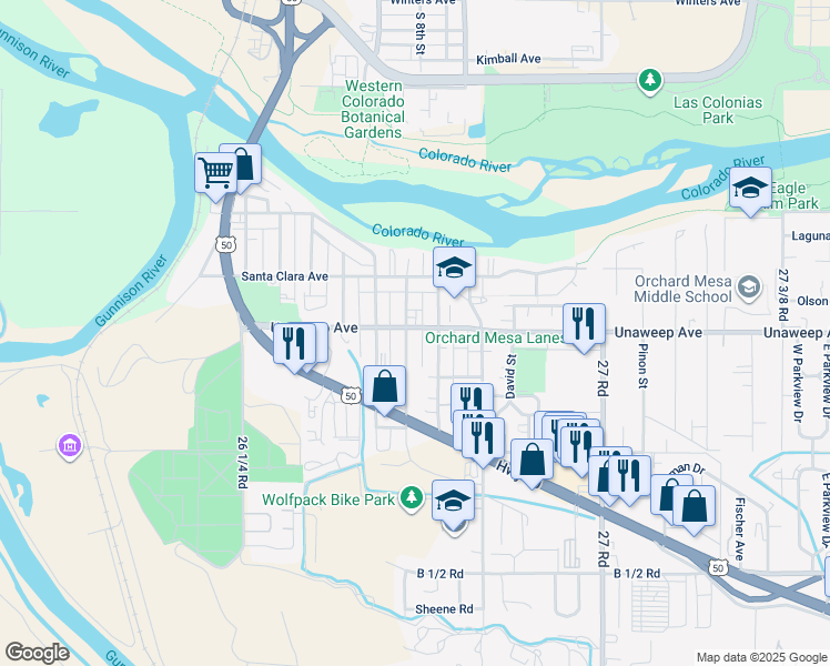 map of restaurants, bars, coffee shops, grocery stores, and more near 1822 Palmer Street in Grand Junction