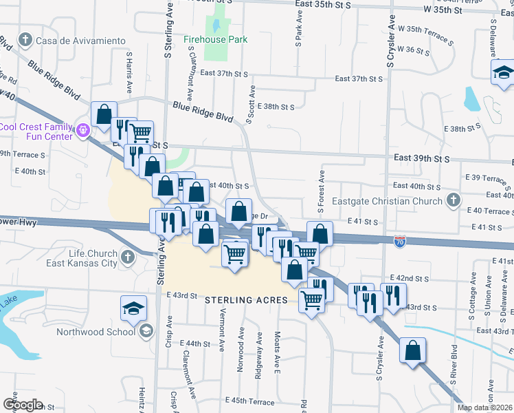map of restaurants, bars, coffee shops, grocery stores, and more near 4032 Blue Ridge Boulevard in Independence