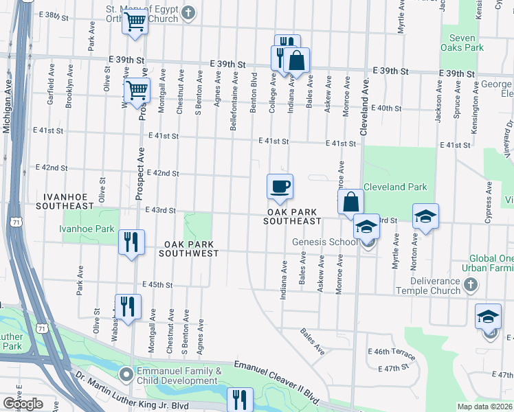 map of restaurants, bars, coffee shops, grocery stores, and more near 4241 Benton Boulevard in Kansas City