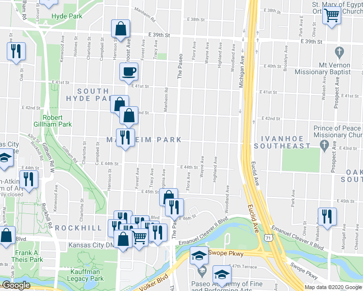 map of restaurants, bars, coffee shops, grocery stores, and more near 4307 Paseo Boulevard in Kansas City