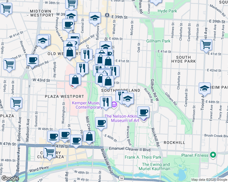 map of restaurants, bars, coffee shops, grocery stores, and more near 4400 Walnut Street in Kansas City