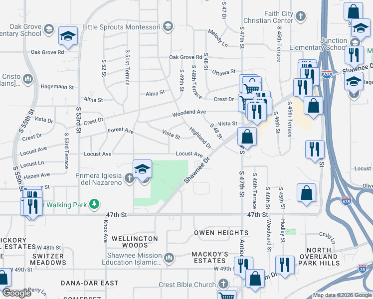 map of restaurants, bars, coffee shops, grocery stores, and more near 4917 Locust Avenue in Kansas City