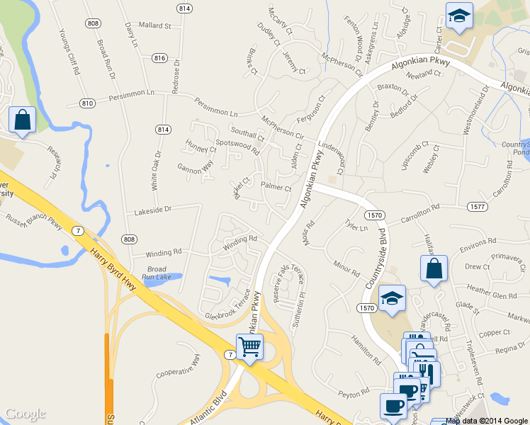map of restaurants, bars, coffee shops, grocery stores, and more near 6 Wyatt Court in Sterling