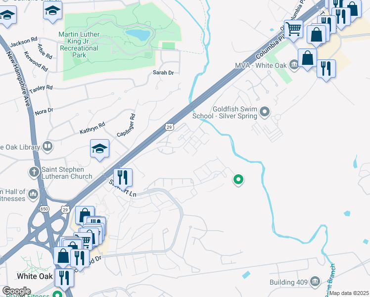 map of restaurants, bars, coffee shops, grocery stores, and more near 1601 Carriage House Terrace in Silver Spring